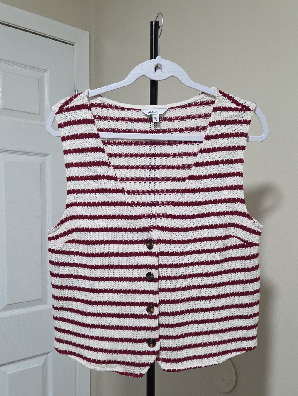 Reitmans Cotton Blend Striped Button-Front Knit Tank Vest - Red & Cream